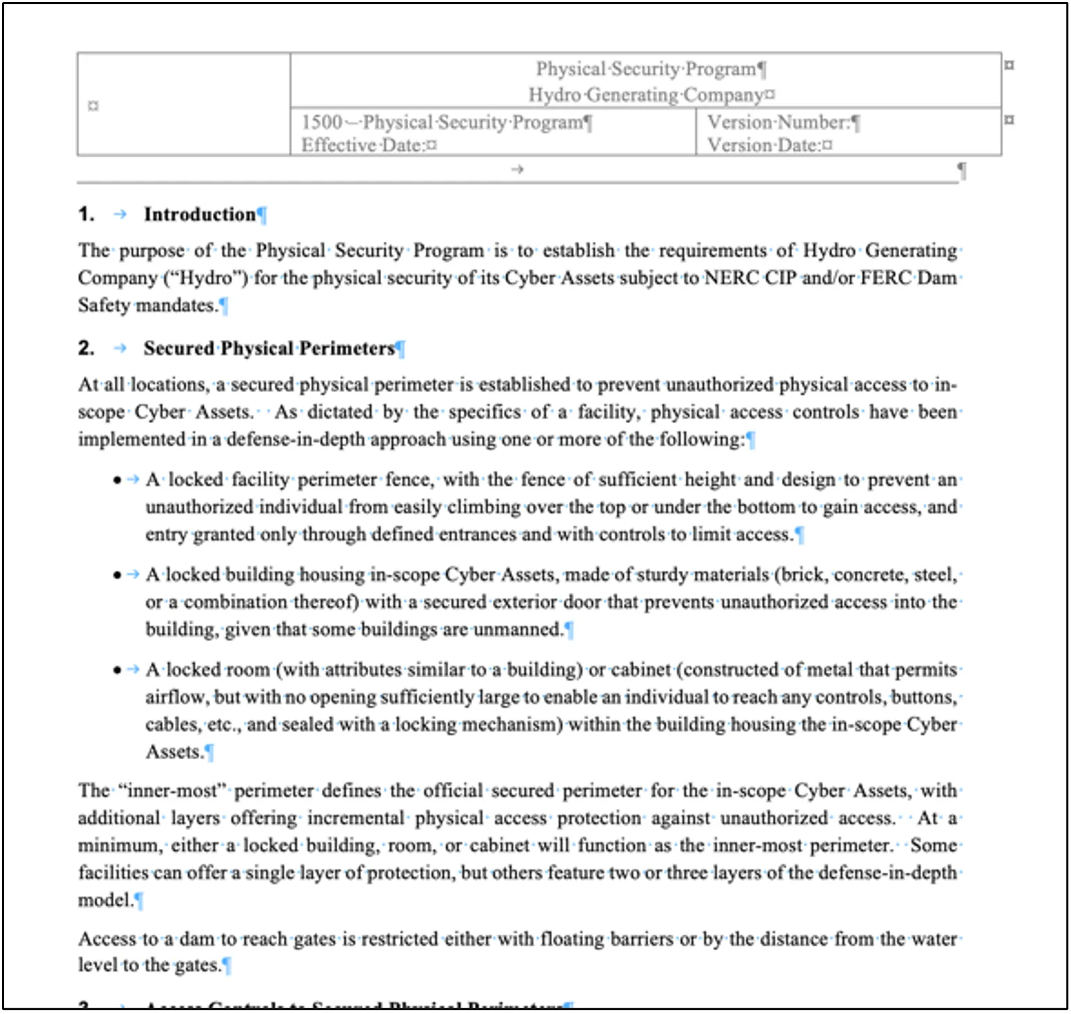 Excerpt of a physical security program document on secured physical perimeters for NERC CIP and FERC dam safety