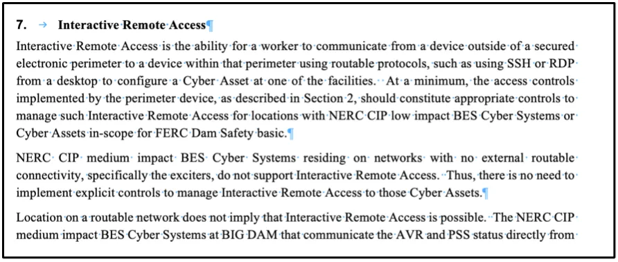 Excerpt of a program document section on interactive remote access controls for low impact cyber assets