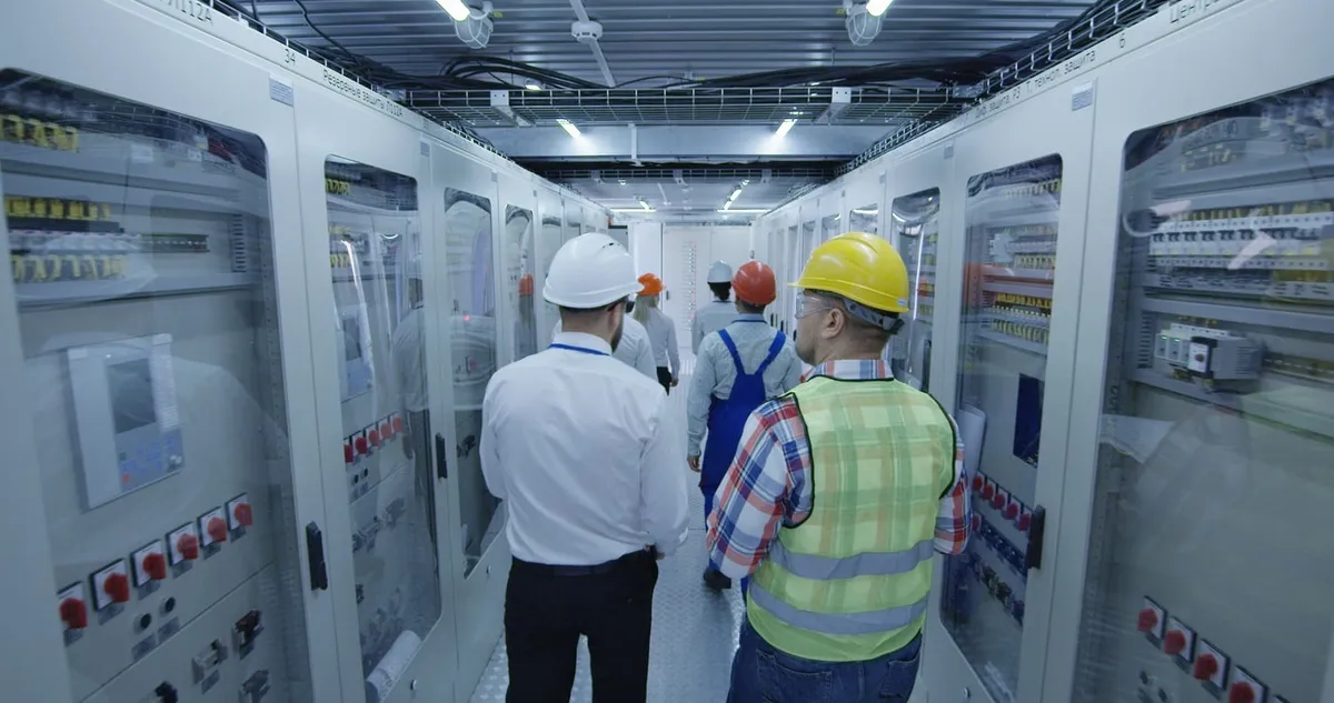 Workers in hard hats and safety vests walking between rows of electrical control cabinets