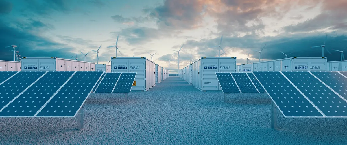 Rows of solar panels and white battery storage containers with wind turbines behind them